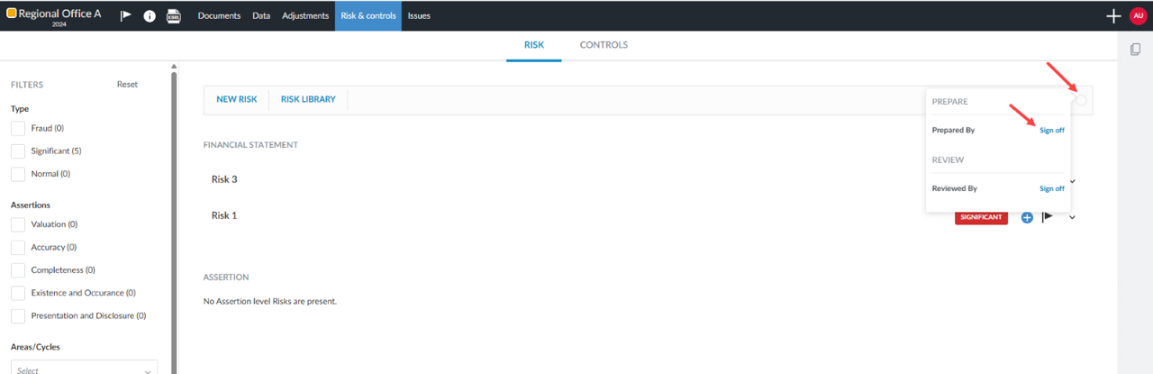 The user interface for signing off as the Preparer in Risk & controls.